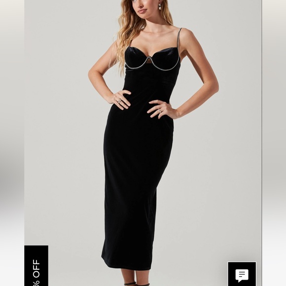 EVALE VELVET RHINESTONE TRIM MIDI DRESS ASTR The Label - Picture 2 of 8